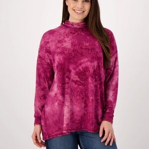 ĹOGO Lori Goldstein Red Tie Dye Top Size XL Long Sleeve Side Pockets Moc Neck‎